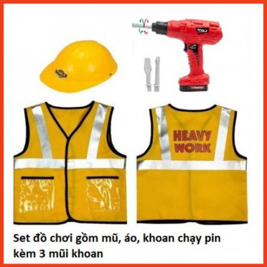 Trang phục bé làm kỹ sư sửa chữa cơ khí (áo, mũ, khoan cầm tay chạy pin)